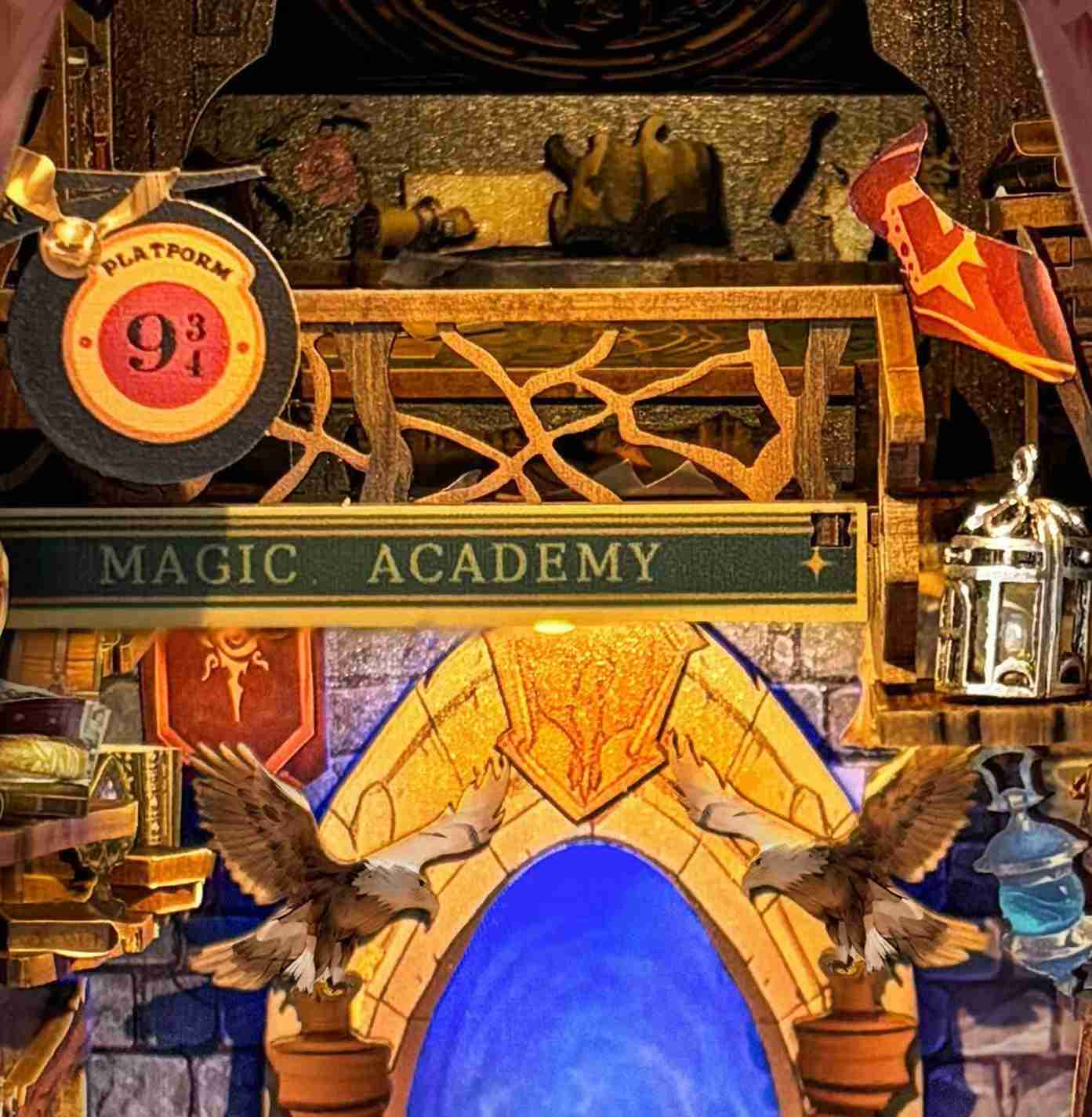 close up miniature scenes of the upper Magic Academy DIY Wooden Book Nook Kit