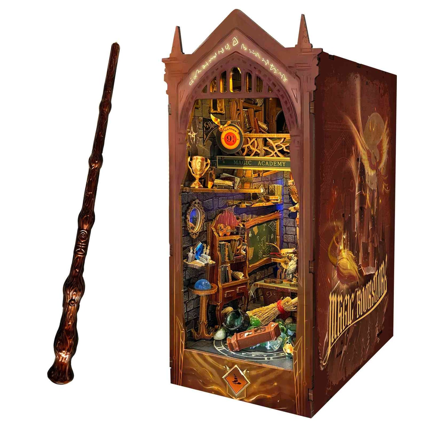 image displaying an assembled Magic Academy DIY Wooden Book Nook Kit, and a remote control Magic wand in white background