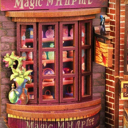 Wooden miniature cabinet with glass doors displaying various colorful potion items, set against a brick wall.