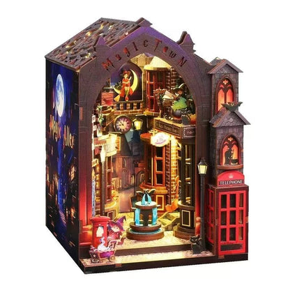 book nook model of a magical alley scene with lit-up elements