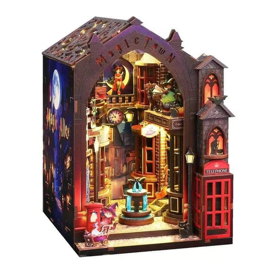 book nook model of a magical alley scene with lit-up elements