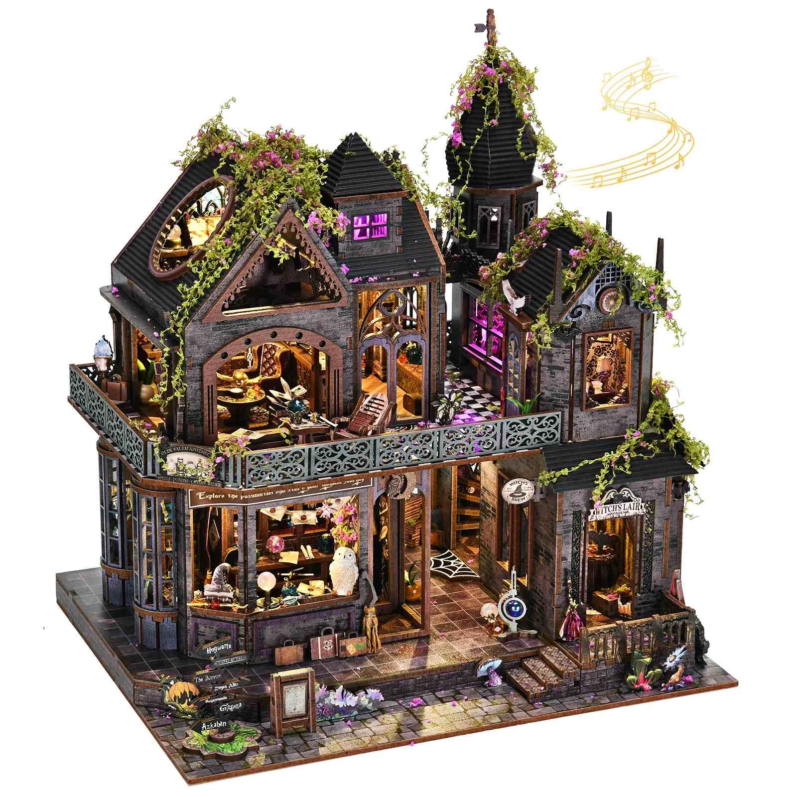 Detailed miniature house model of a gothic-style dollhouse with intricate design and decorative elements.