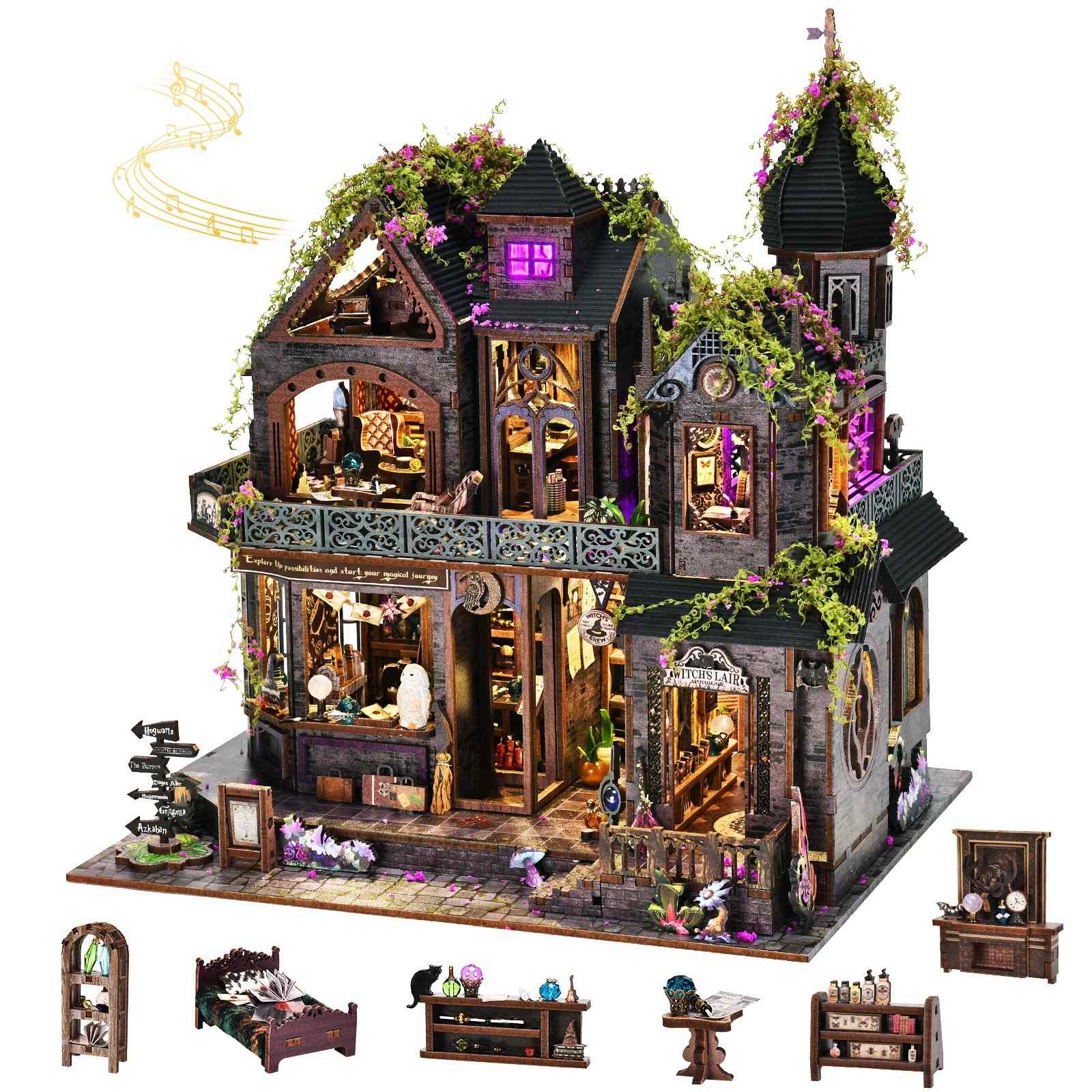 Detailed dollhouse model of a magic house with various rooms and decorative elements on a white background.