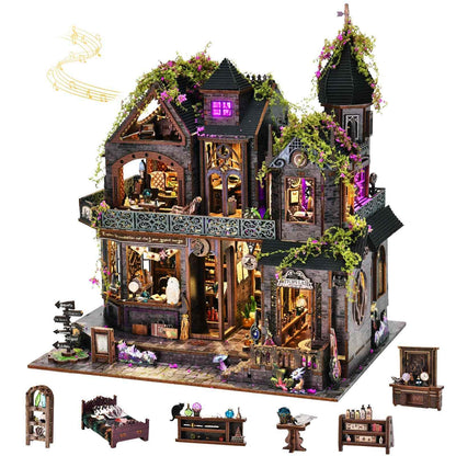 Detailed dollhouse model of a magic house with various rooms and decorative elements on a white background.