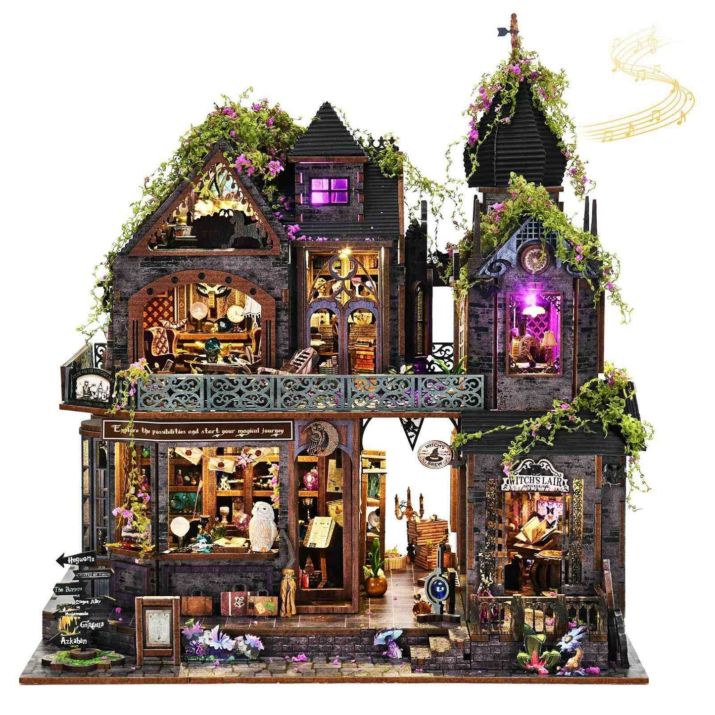 Detailed miniature house model of a magic house with various rooms and decorative elements on a white background.