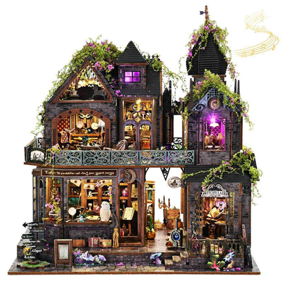 Detailed miniature house model of a magic house with various rooms and decorative elements on a white background.