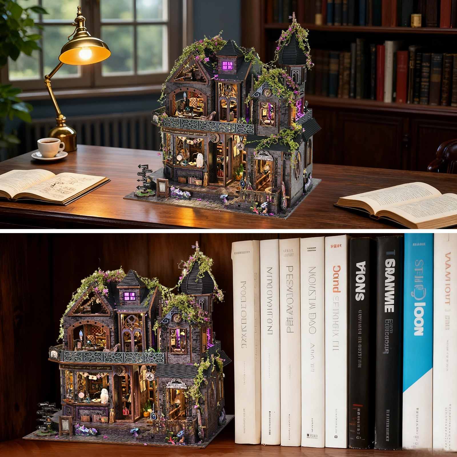 Detailed model of a magic house on a wooden table with books in the background