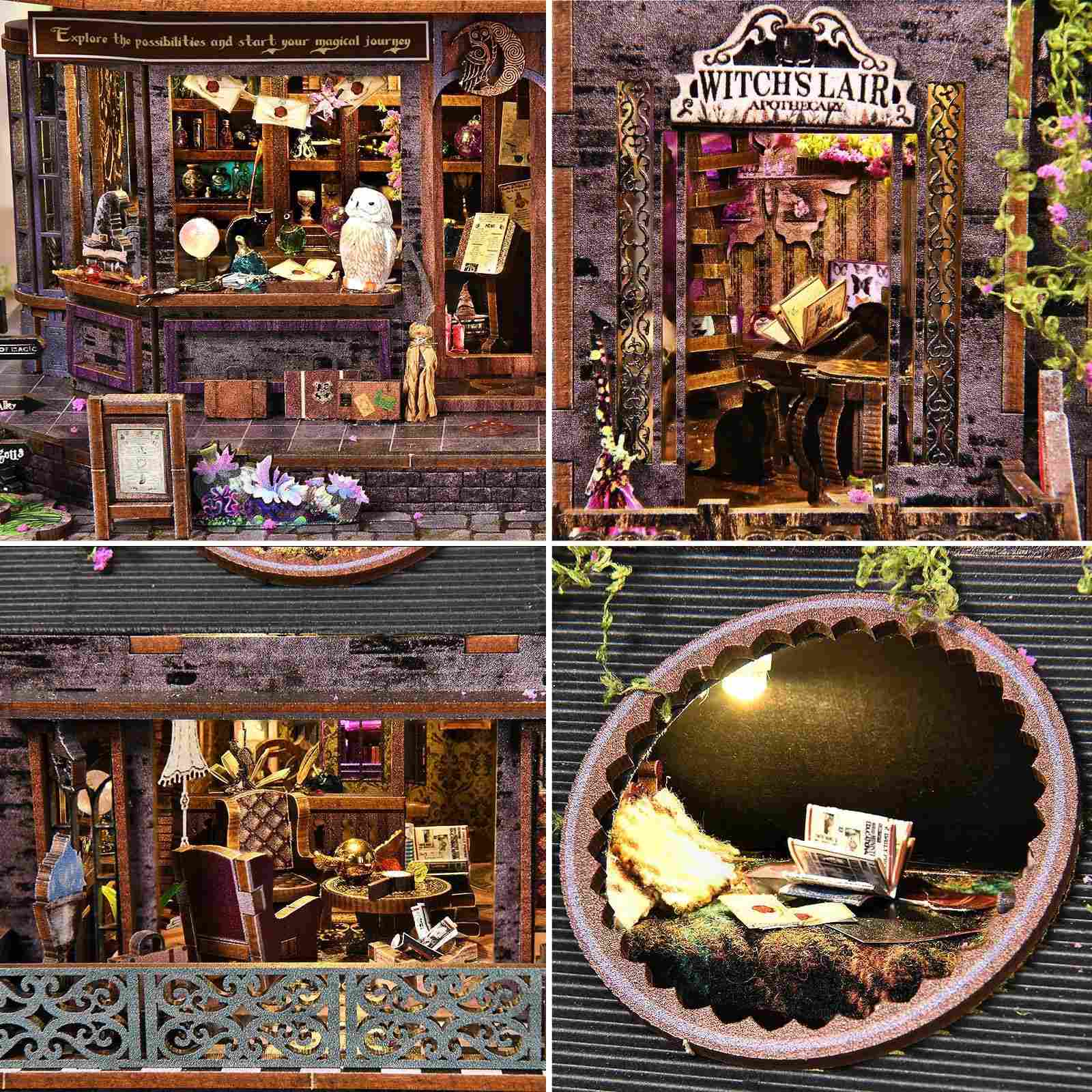 Collage of a miniature witch's lair with various props and furniture.