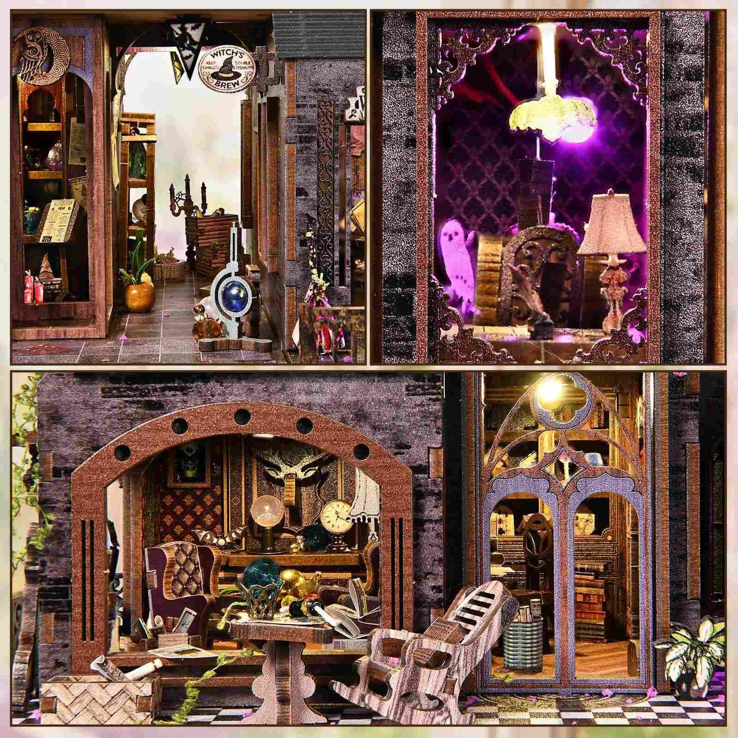 Collage of a miniature gothic-style house with furniture and decor.