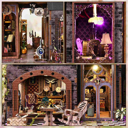 Collage of a miniature gothic-style house with furniture and decor.