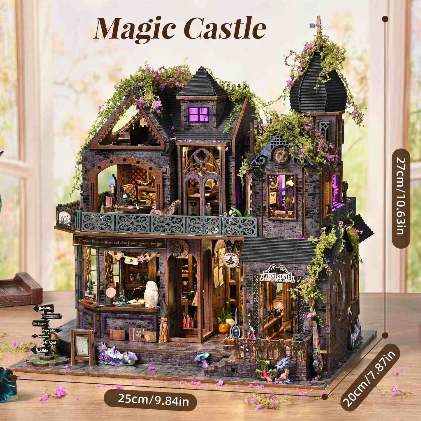 Detailed model of a magic castle with dimensions displayed