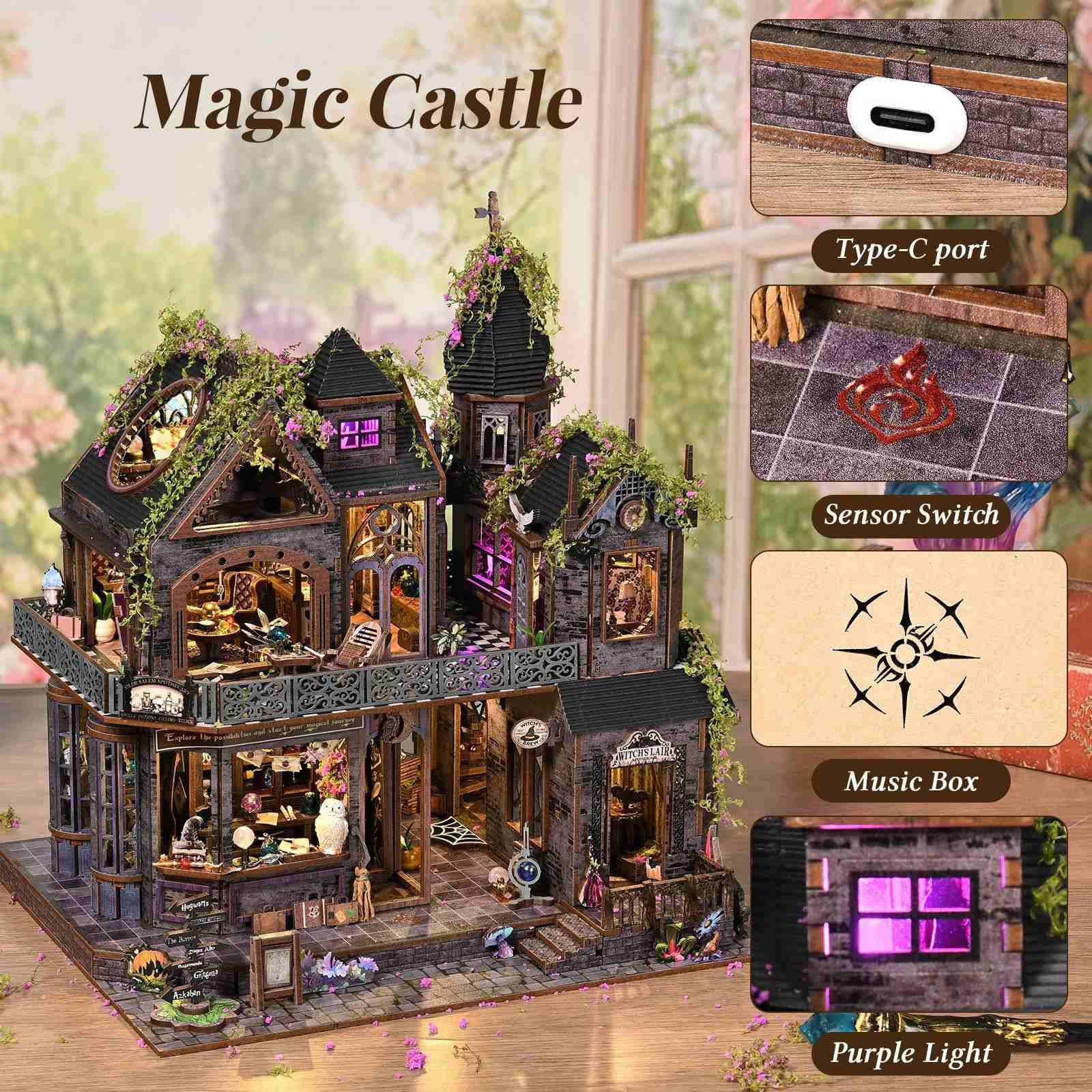 Detailed model of a magic castle miniature house with various features highlighted on the right side.