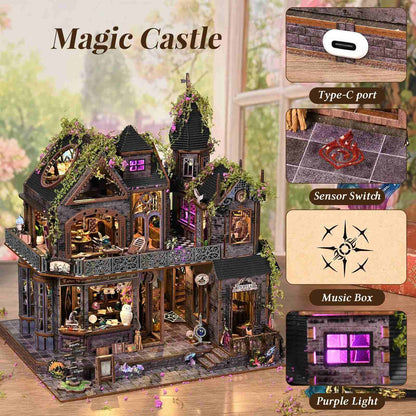 Detailed model of a magic castle miniature house with various features highlighted on the right side.