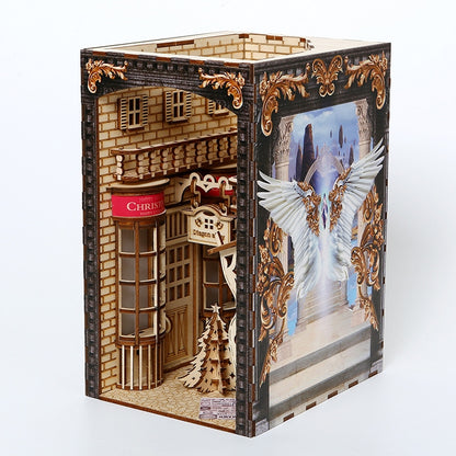 Magic Diagon Alley DIY Book Nook Kit of Christmas Version, A charming bookshelf insert decor miniature 3d wooden puzzles inspired by Harry Potter, perfect for holiday gifting, crafting enthusiasts and dollhouse collectors alike. Right side view