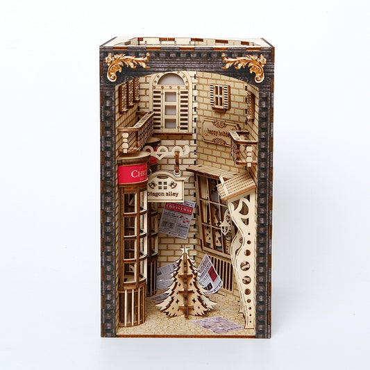 Magic Diagon Alley DIY Book Nook Kit of Christmas Version, A charming bookshelf insert decor miniature 3d wooden puzzles inspired by Harry Potter, perfect for holiday gifting, crafting enthusiasts and dollhouse collectors alike. Front side view