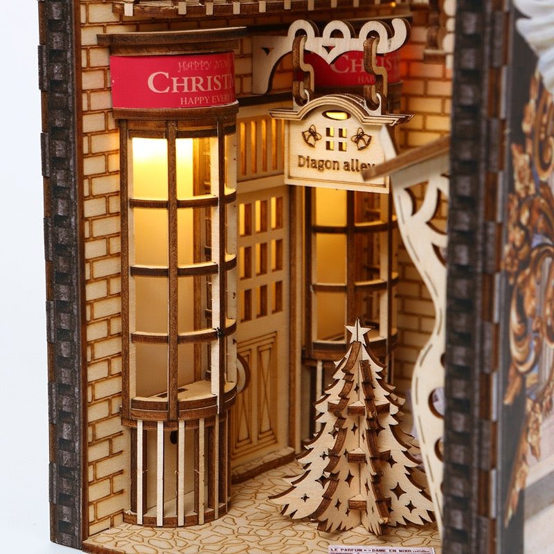 Magic Diagon Alley DIY Book Nook Kit of Christmas Version, A charming bookshelf insert decor miniature 3d wooden puzzles inspired by Harry Potter, perfect for holiday gifting, crafting enthusiasts and dollhouse collectors alike. Details