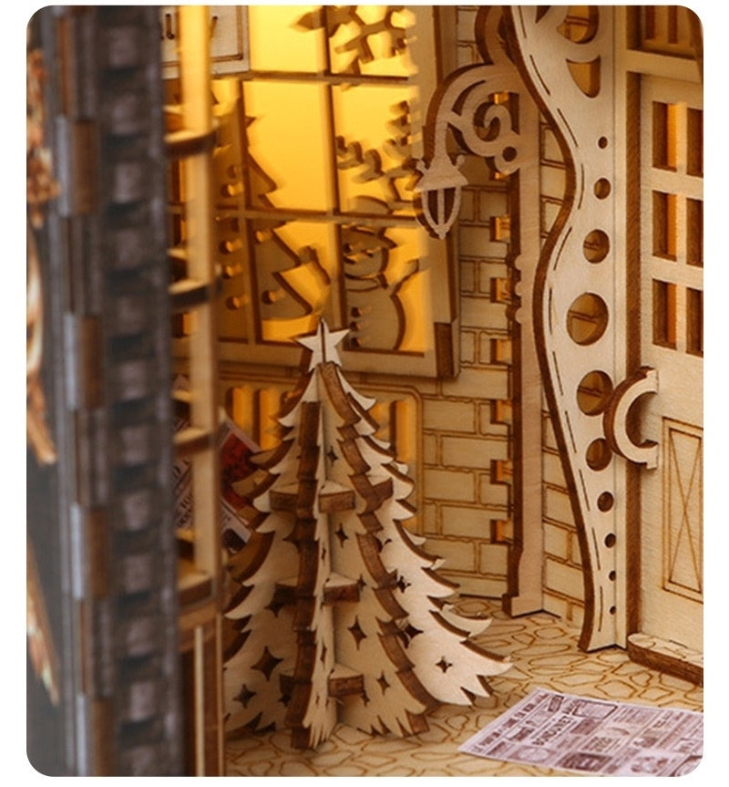 Magic Diagon Alley DIY Book Nook Kit of Christmas Version, A charming bookshelf insert decor miniature 3d wooden puzzles inspired by Harry Potter, perfect for holiday gifting, crafting enthusiasts and dollhouse collectors alike. Details 02