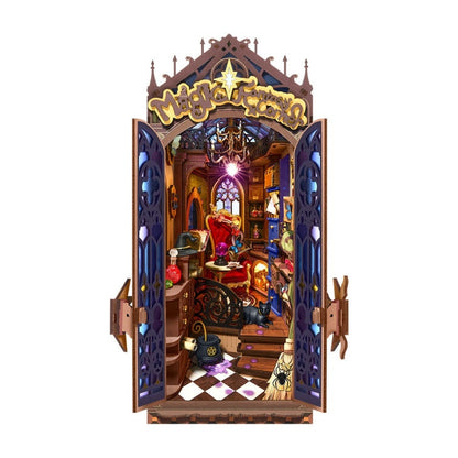 miniature book nook case with a Gothic exterior and magic house interior design on a white background