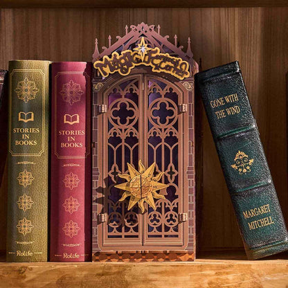 Decorative bookshelf with ornate book nook of magic fantasy corner themed and books on a wooden surface