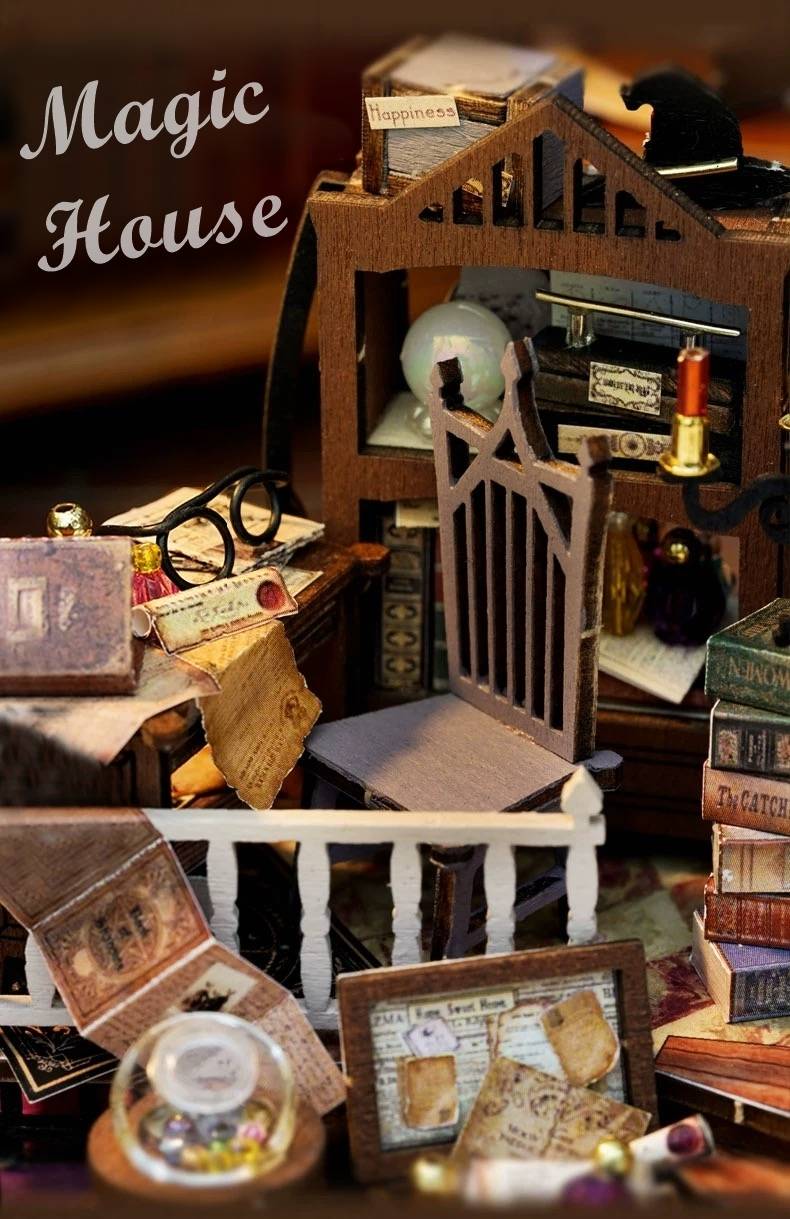 image displaying miniature scenes of an assembled Magic House DIY Miniature House Kit in Dream Bottle Series