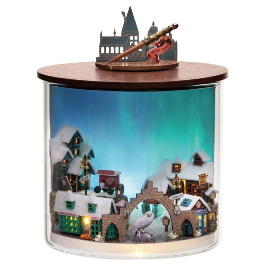 image displaying a finished Magic Light DIY Miniature House Kit with Aurora Lighting effect