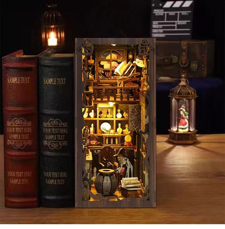 Magic Night DIY Book Nook Kit, A charming miniature 3d wooden puzzles inspired by Harry Potter, perfect for crafting enthusiasts and dollhouse collectors alike.  warm lighting