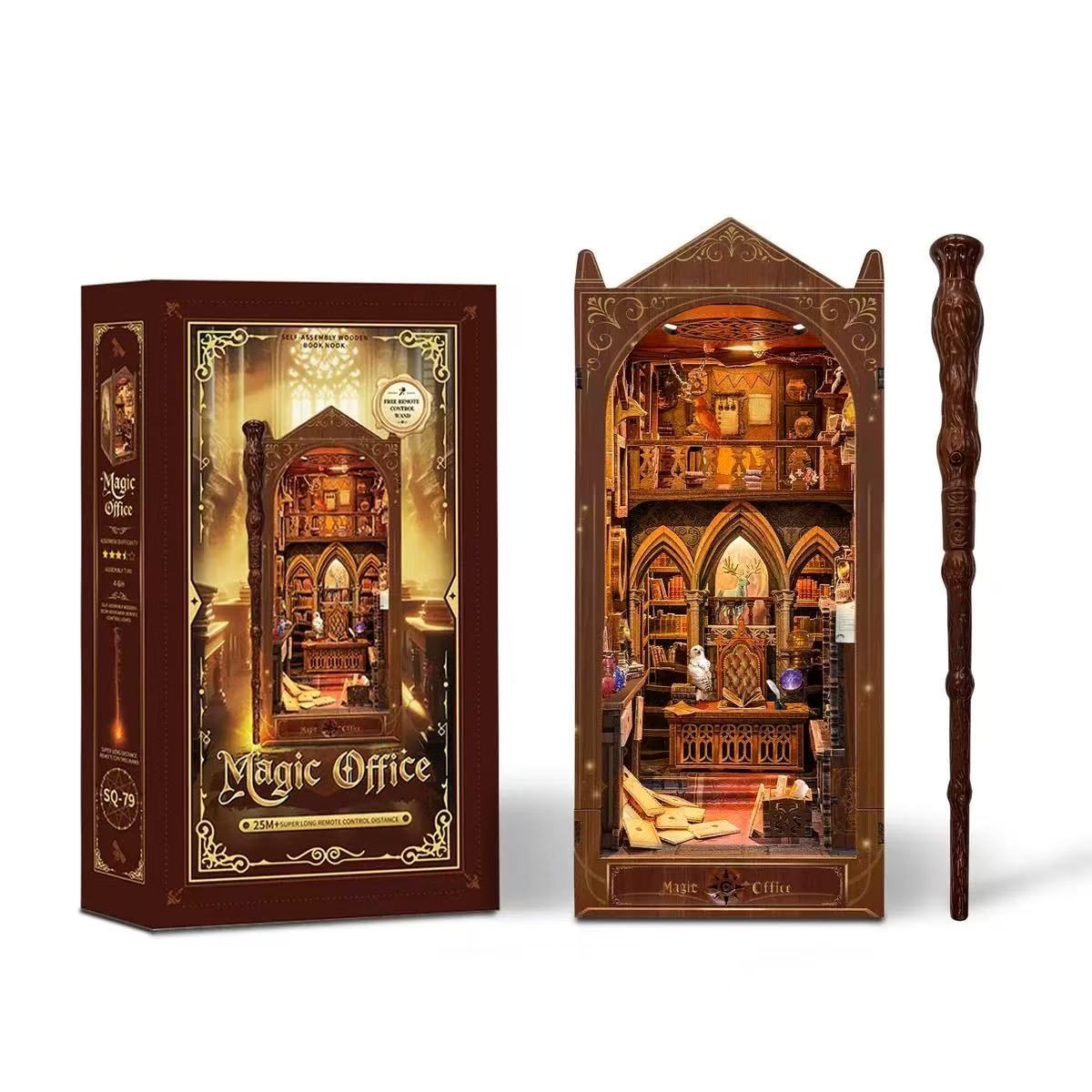 book nook model of a magic office with a wand on a white background