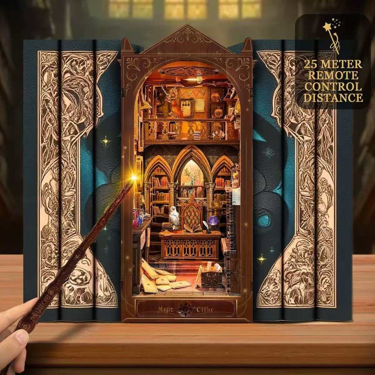 Decorative book with a magic-themed miniature interior scene and a wand held in front