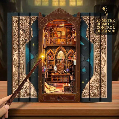 Decorative book with a magic-themed miniature interior scene and a wand held in front