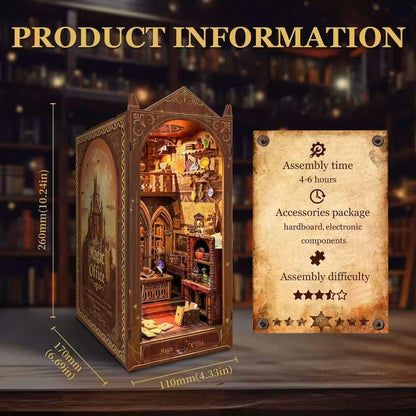 Product information for a magic office themed wooden book nook model kit with assembly details