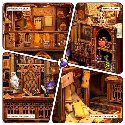 Collage of a magical office scene with shelves, potions, books, and an owl.