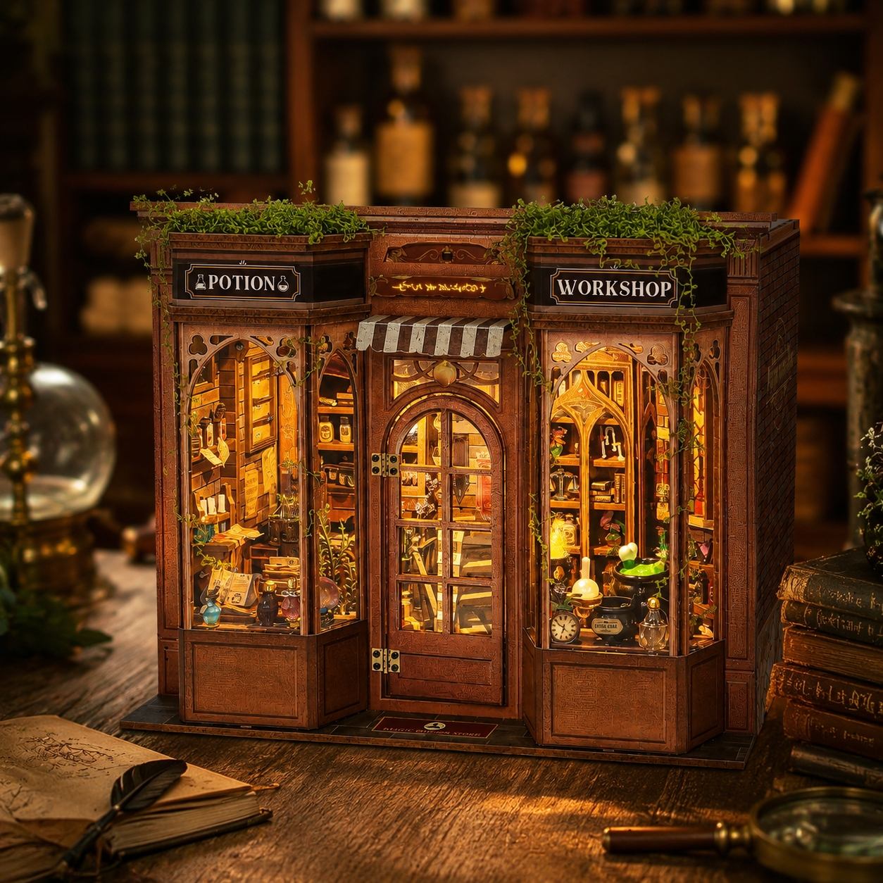 A miniature wooden potion and workshop shop model with glowing warm interior lights, greenery on top, and detailed shelves, displayed on a wooden surface with a blurred bookshelf background.