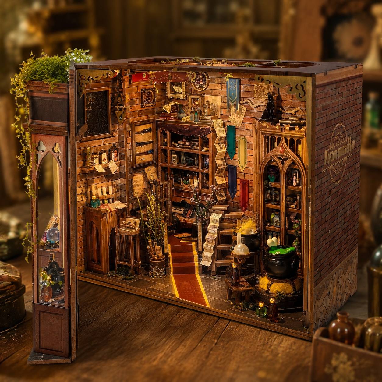 A detailed miniature wooden diorama of a cozy, rustic shop or study interior, featuring tiny bookshelves, a staircase, cauldron, potion bottles, and a mirror, displayed on a wooden surface.