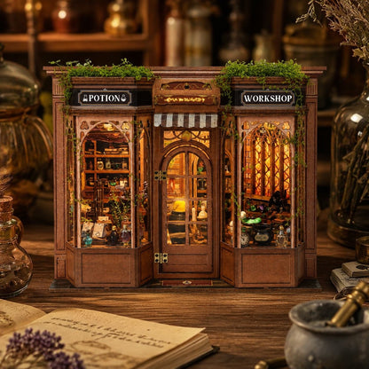 A miniature wooden potion and workshop shop kit with warm glowing interior lights, green moss details, and tiny decorative props, displayed on a wooden surface with vintage-style props in a cozy setting.
