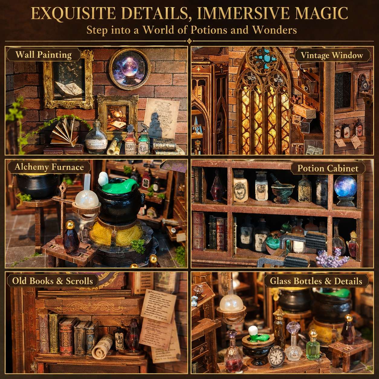 A collage of fantasy-themed miniature room scenes labeled 'Wall Painting,' 'Vintage Window,' 'Alchemy Furnace,' 'Potion Cabinet,' 'Old Books & Scrolls,' and 'Glass Bottles & Details,' with the headline 'EXQUISITE DETAILS, IMMERSIVE MAGIC' and subtitle 'Step into a World of Potions and Wonders.'.