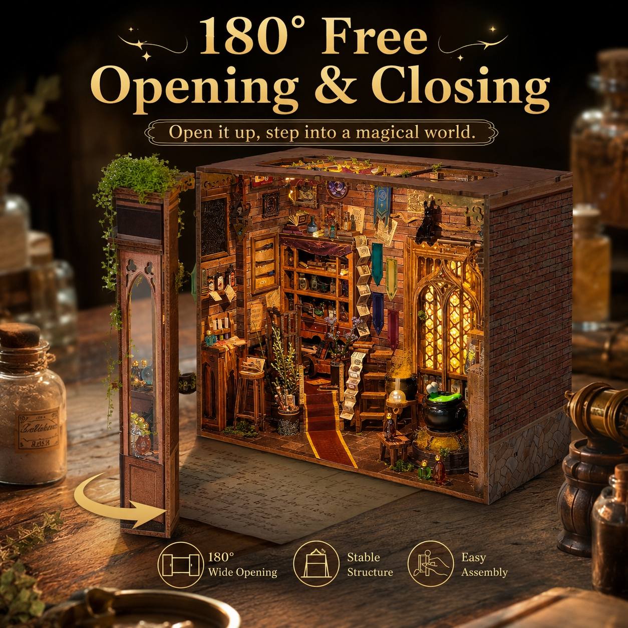 A wooden miniature house diorama with a tall matching door, shown open on a rustic table. The interior is filled with warm glowing lights and detailed fantasy room decor.