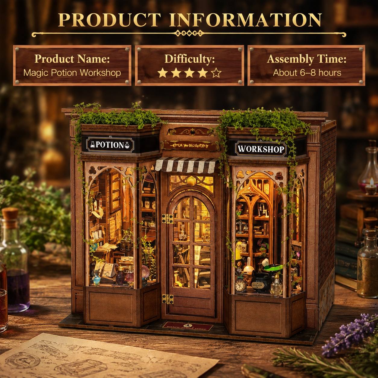 A wooden miniature dollhouse model of a Magic Potion Workshop storefront, shown on a rustic wooden table with decorative props and an 'Product Information' header overlay at the top.