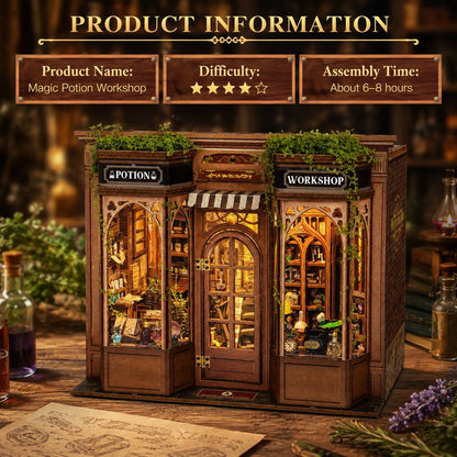 A wooden miniature dollhouse model of a Magic Potion Workshop storefront, shown on a rustic wooden table with decorative props and an 'Product Information' header overlay at the top.