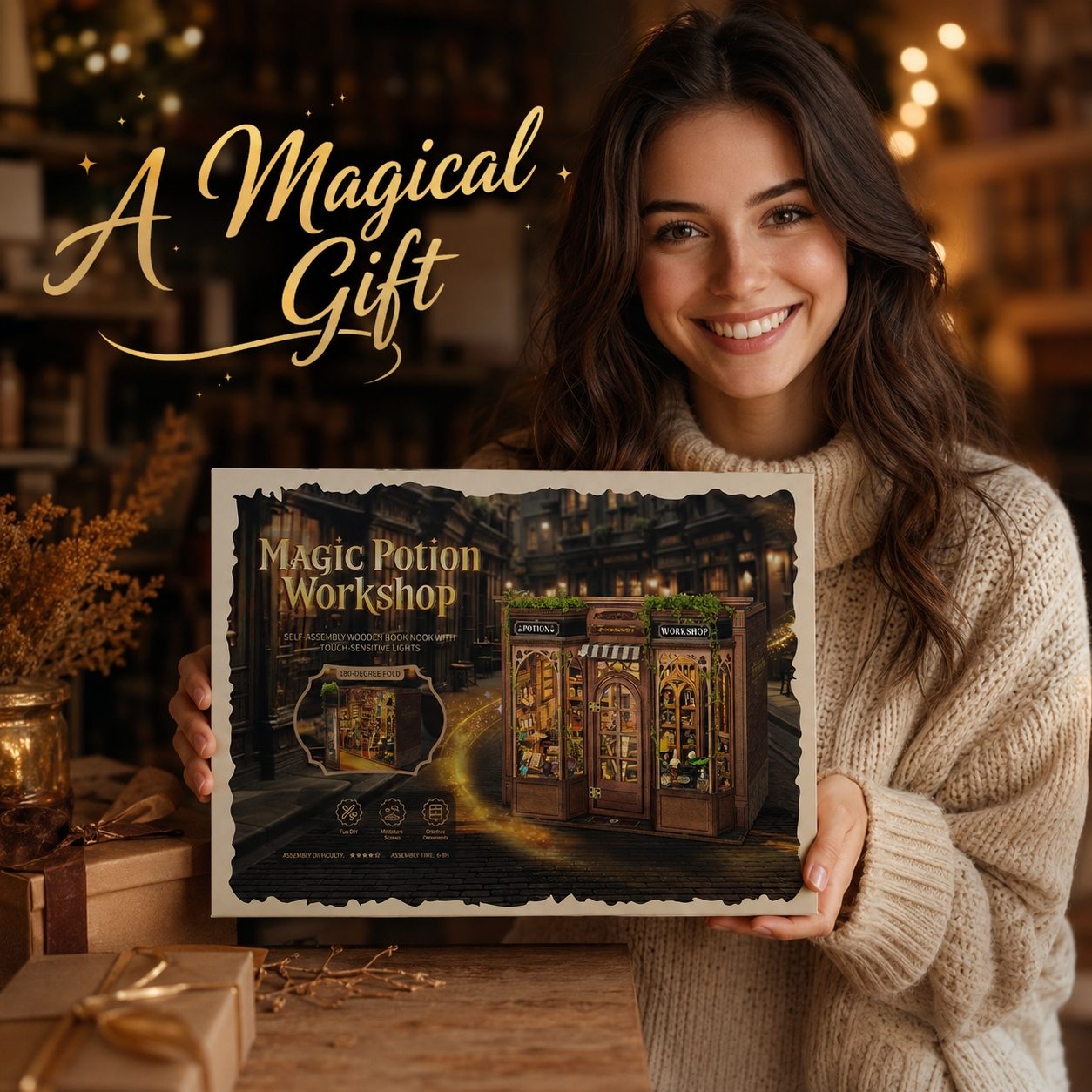 A smiling woman in a cream knit sweater holds up a decorative gift box labeled 'Magic Potion Workshop' in a warm, festive indoor setting with string lights and wrapped presents in the background. Large gold script text at the top reads 'A Magical Gift'.