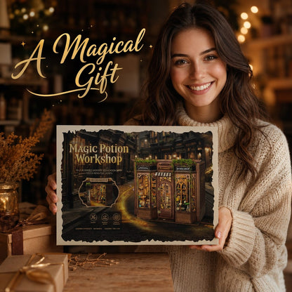 A smiling woman in a cream knit sweater holds up a decorative gift box labeled 'Magic Potion Workshop' in a warm, festive indoor setting with string lights and wrapped presents in the background. Large gold script text at the top reads 'A Magical Gift'.