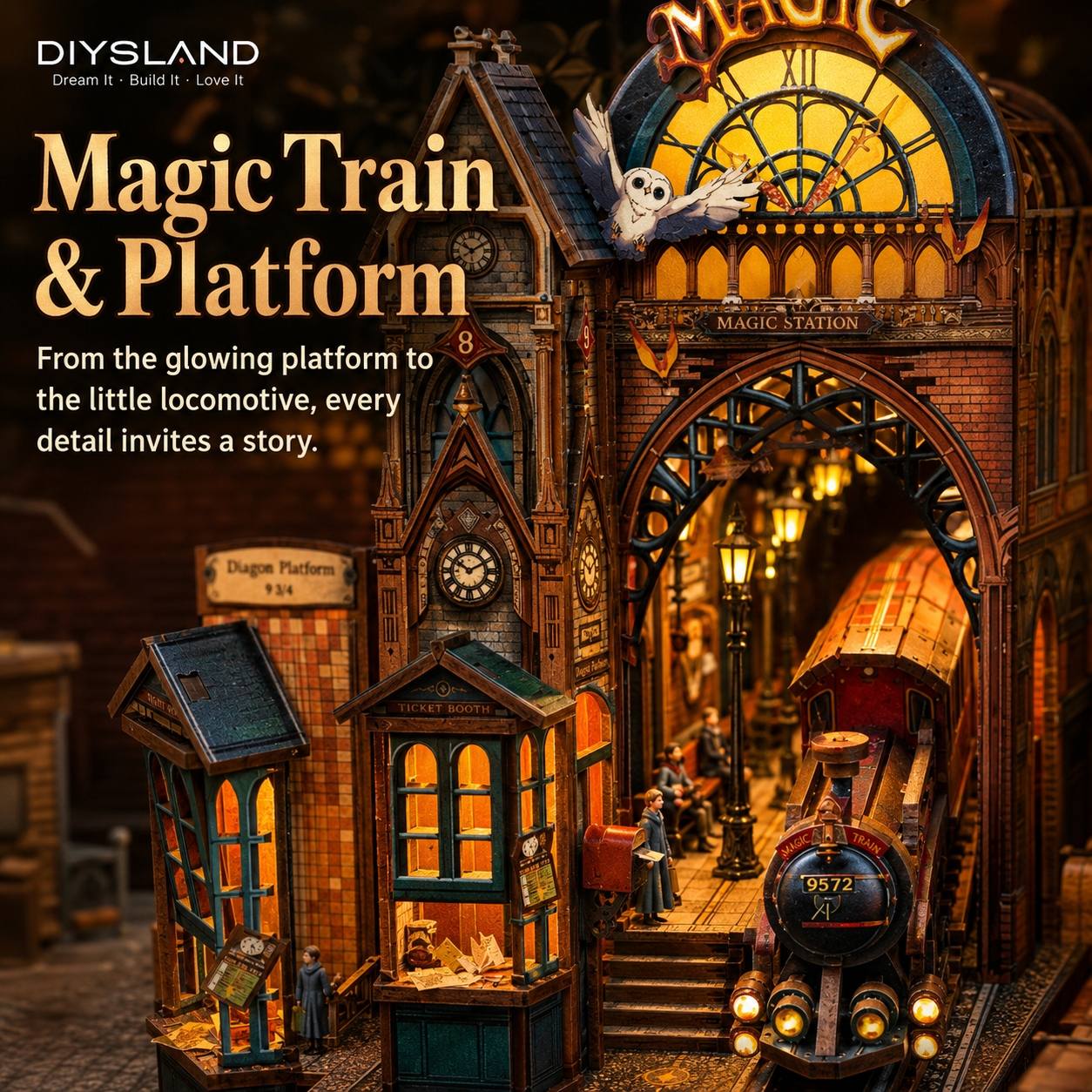 DIYSLAND Magic Train & Platform kit showing a detailed, illuminated miniature train station scene with a glowing train, platform, clock tower, and station archway. Promotional text on the left reads 'DIYSLAND' and 'Magic Train & Platform'.