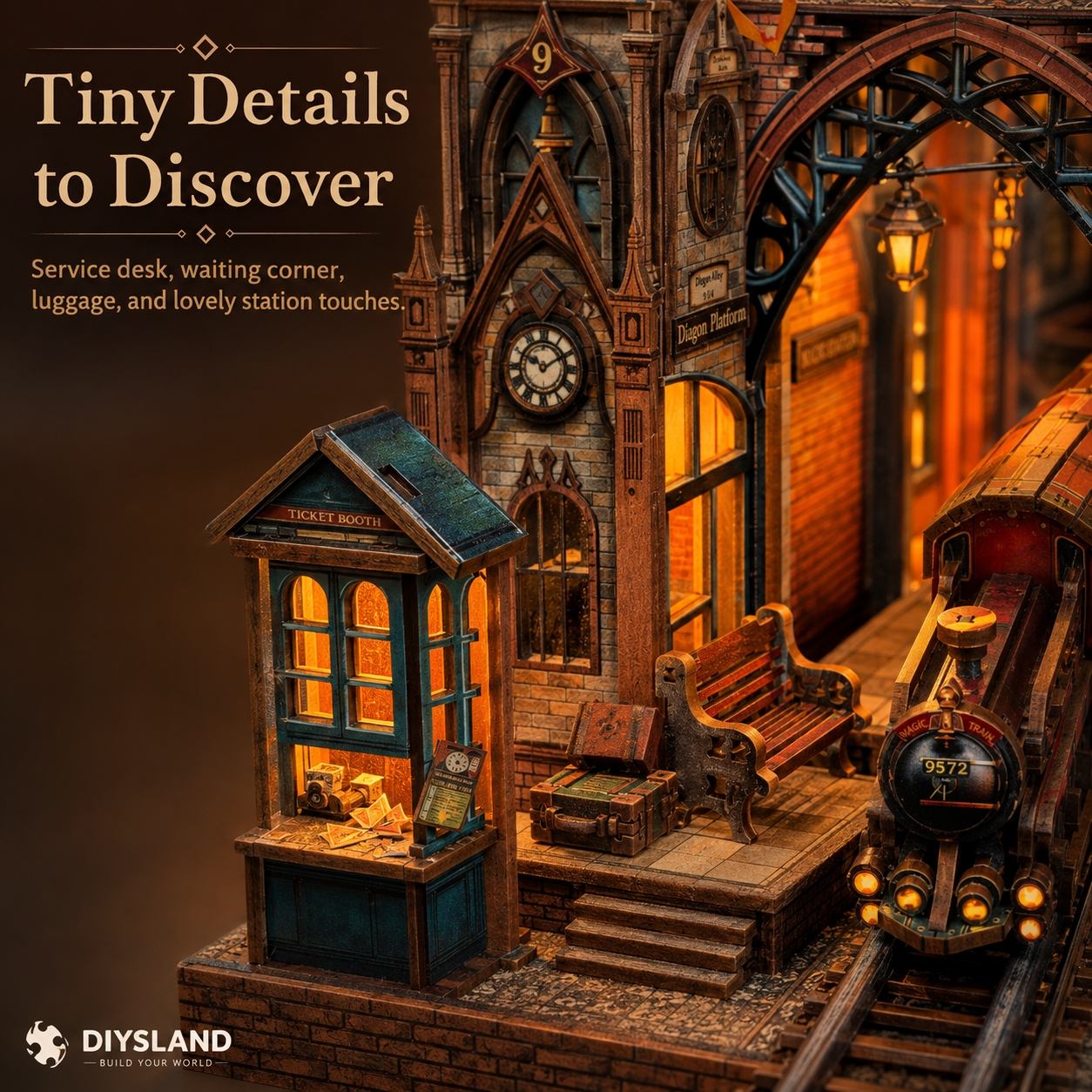 A detailed miniature diorama set by Diysland featuring a vintage train station platform with a ticket booth, bench, clock tower, and steam locomotive. The scene is warmly lit with glowing windows and street lamps, set against a dark brown background with promotional text on the left.
