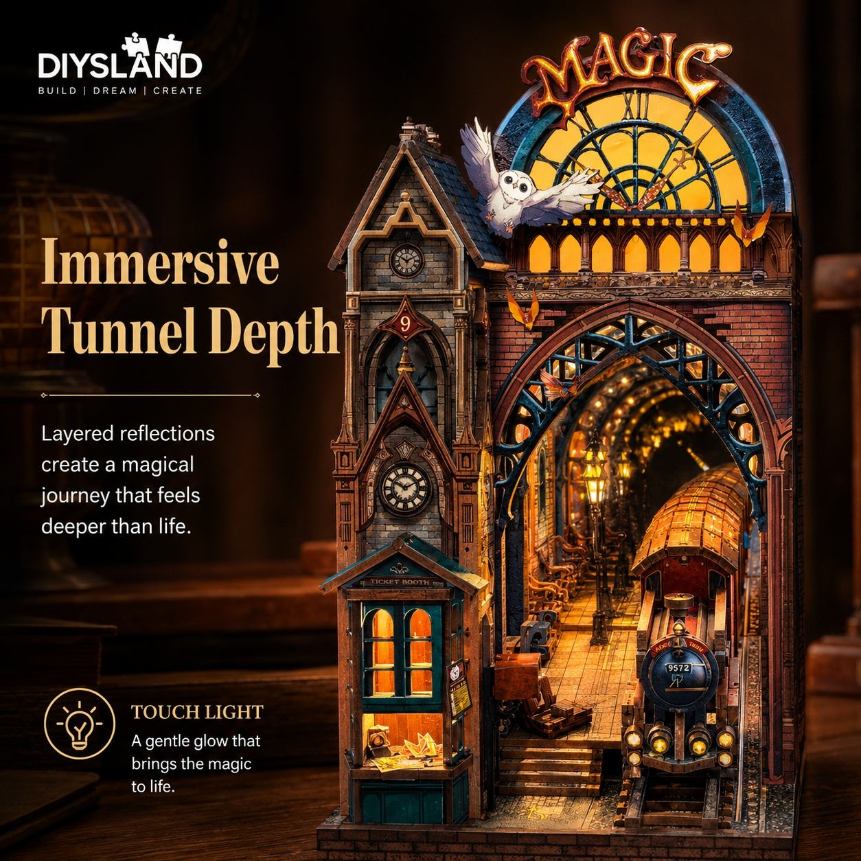 A Diysland Magic Train Station diorama set, featuring a detailed Victorian-era station architecture with a glowing train, a ghost, and warm yellow light accents inside.