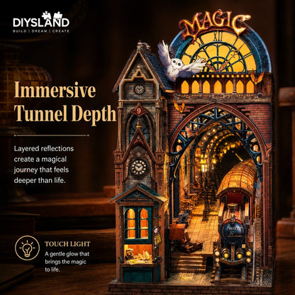A Diysland Magic Train Station diorama set, featuring a detailed Victorian-era station architecture with a glowing train, a ghost, and warm yellow light accents inside.