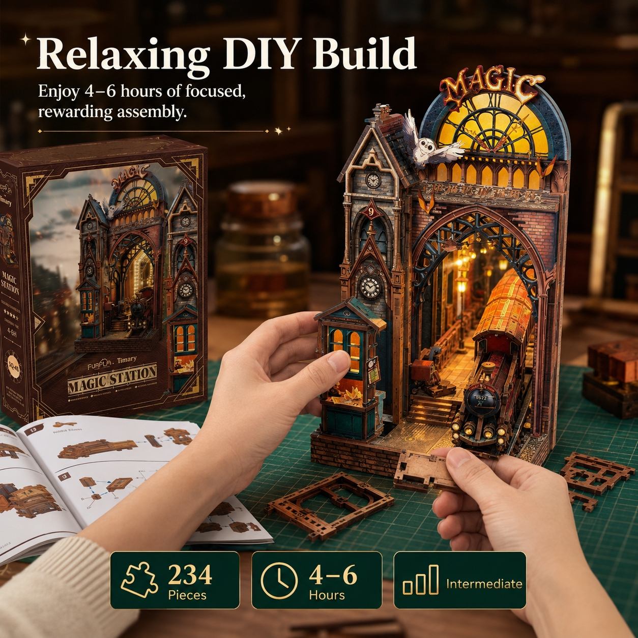A person's hands are assembling a 3D papercraft model of a 'Magic Station' train station. The image includes the product box, an open instruction booklet, and informational text overlays highlighting that the build is relaxing and takes 4-6 hours.
