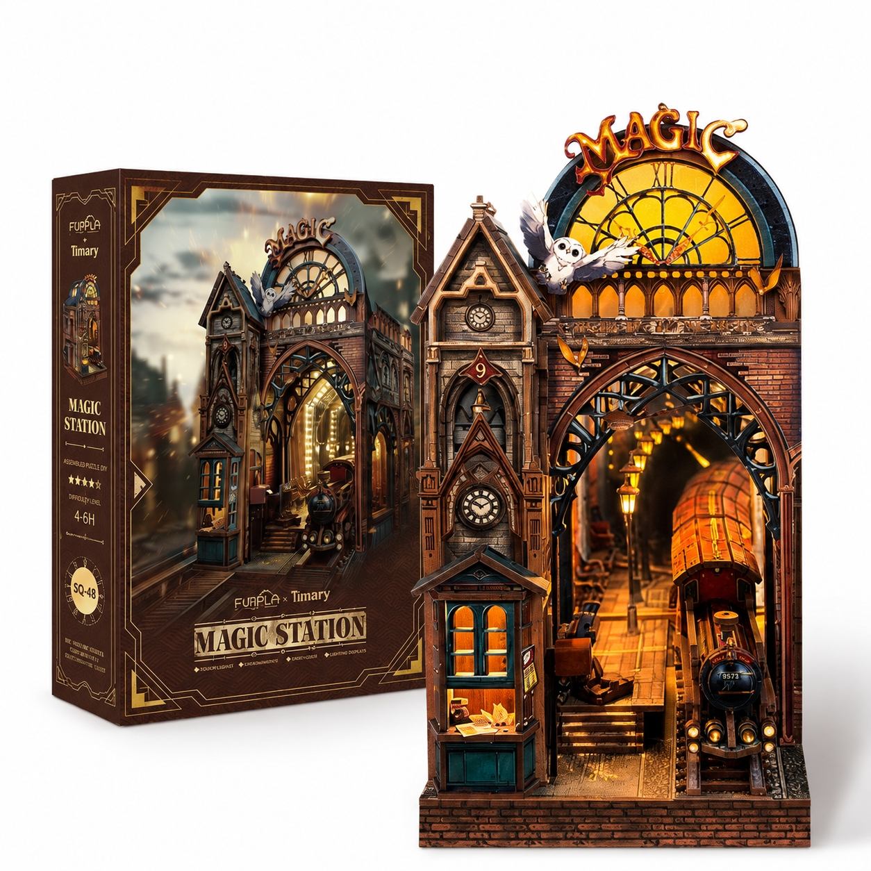 A 3D wooden puzzle set titled 'Magic Station', showing the assembled model with a steam train and ghost, next to its illustrated retail box on a white background.