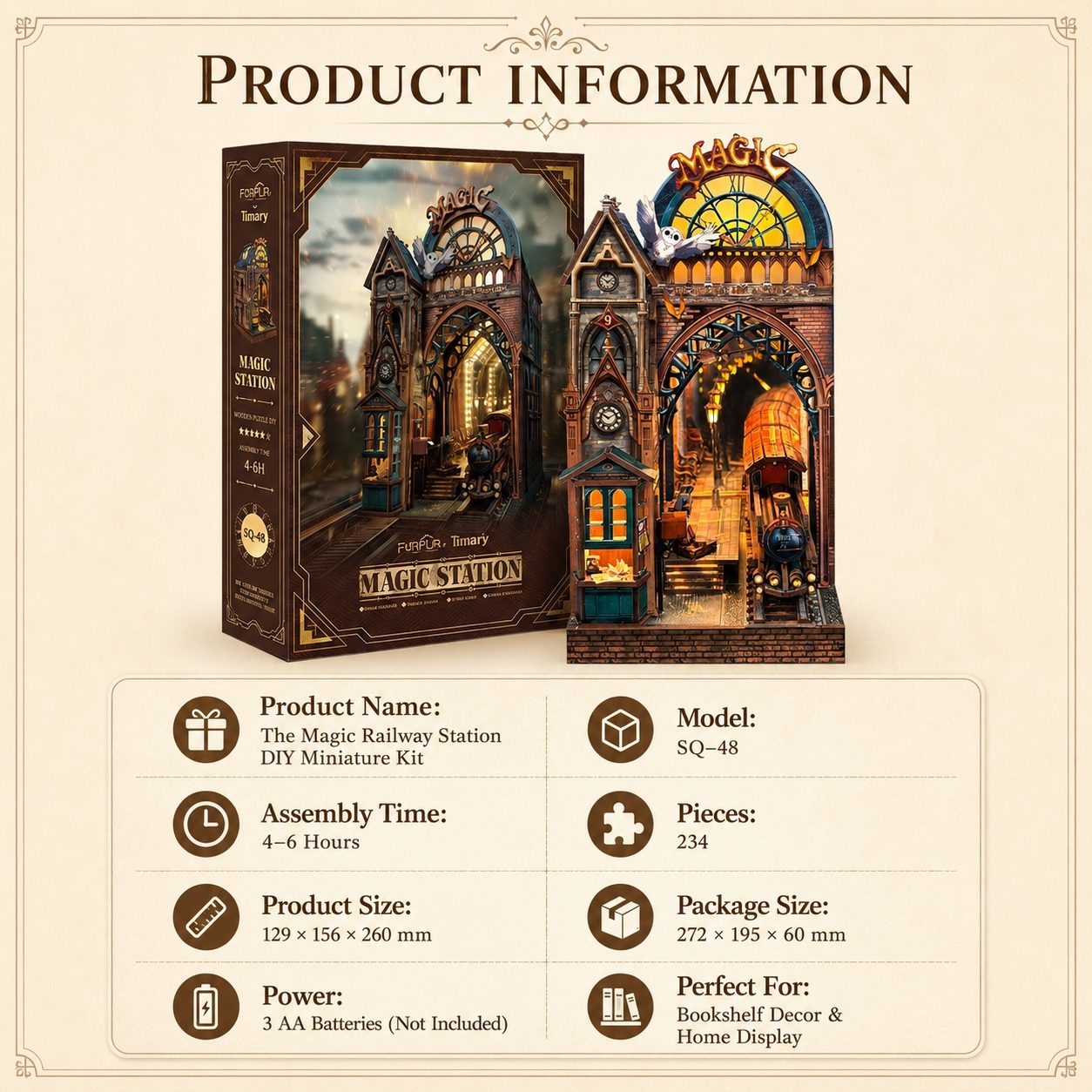 Product information graphic for the Magic Railway Station DIY miniature kit, showing the assembled diorama, its box packaging, and a list of specifications on a beige background.