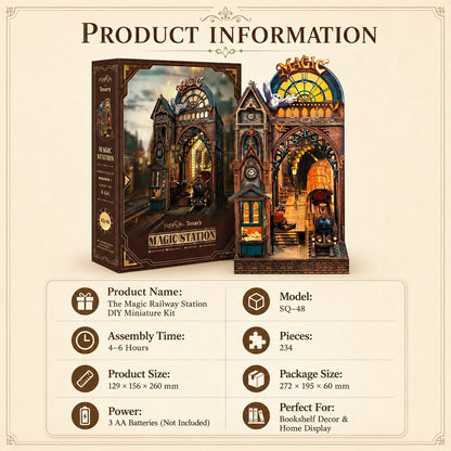 Product information graphic for the Magic Railway Station DIY miniature kit, showing the assembled diorama, its box packaging, and a list of specifications on a beige background.