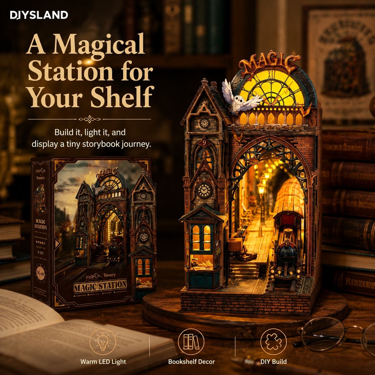 DIYSLAND Magic Station DIY bookshelf decor kit, featuring a detailed miniature station model with a train, a small owl figurine, and its retail box, set against a cozy, dark library background with warm LED lighting.