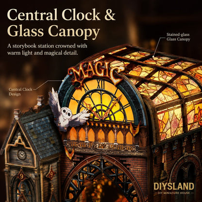 A fantasy-themed DIY miniature house kit by Diysland, featuring a central clock tower with a stained-glass canopy and a flying owl decoration. The image includes descriptive text overlays and labels pointing to the 'Central Clock & Glass Canopy' and 'Stained-glass Glass Canopy'.